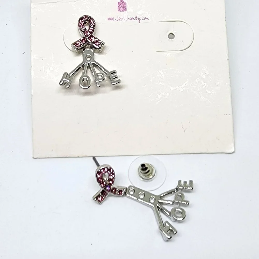 Just Jewelry Pink Rhinestone Cancer Ribbon Stud HOPE Ear Jacket Earrings